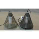 A near pair of industrial style wire mesh cone shaped ceiling light pendants, H.26 D.25cm