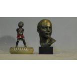 A bronze bust of Lenin and a painted metal dish with figure of a girl. H.14 W.10 D.10