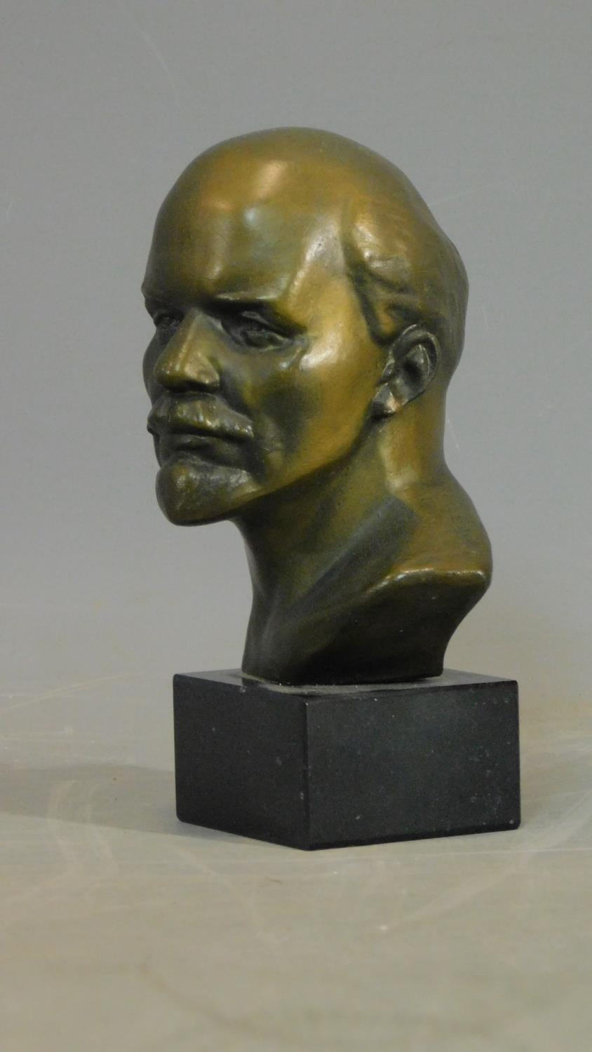 A bronze bust of Lenin and a painted metal dish with figure of a girl. H.14 W.10 D.10 - Image 2 of 3