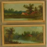 A pair of 19th century oils on board, rural lakescapes. H.22 W.45cm