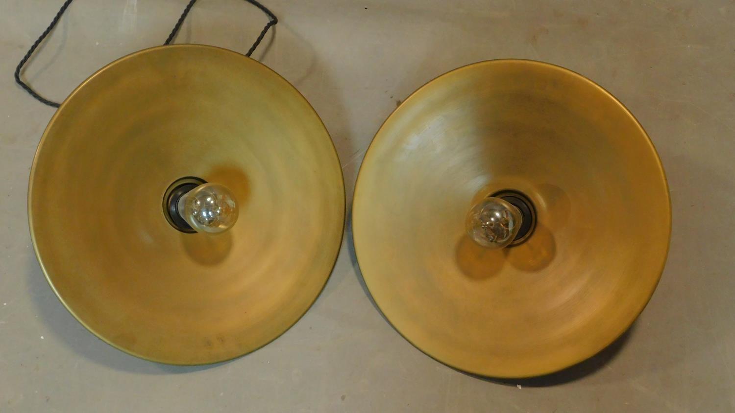 A pair of industrial style circular brass ceiling light pendants, D.40cm - Image 3 of 3