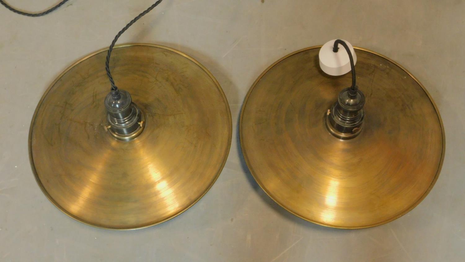 A pair of industrial style circular brass ceiling light pendants, D.40cm - Image 2 of 3