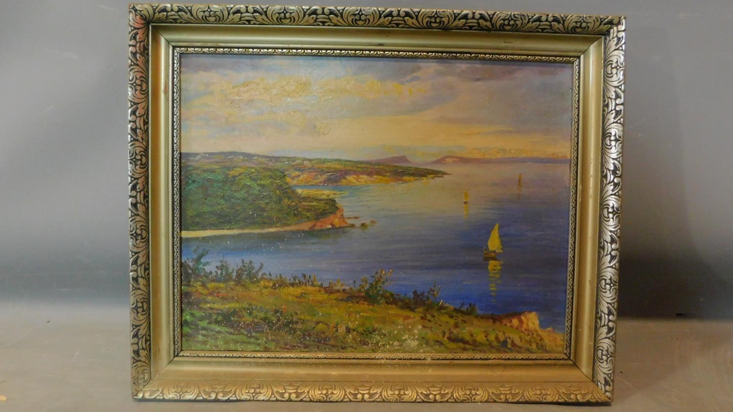 A framed oil on canvas, boats on the water. 48x60cm