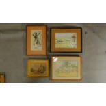 Three various watercolours and a pen and ink sketch, each glazed and framed. H.29 W.37