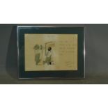 A framed and glazed signed cartoon, label to verso. H.29 W.37.5