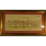 A framed and glazed pen and ink wash, London Wharf circa 1935, signed A Sinclair. H.35 W.65cm