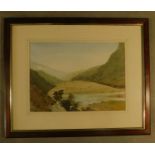 A framed and glazed watercolour, Glen Nevis, monogrammed, label to verso. H.46 W.55cm