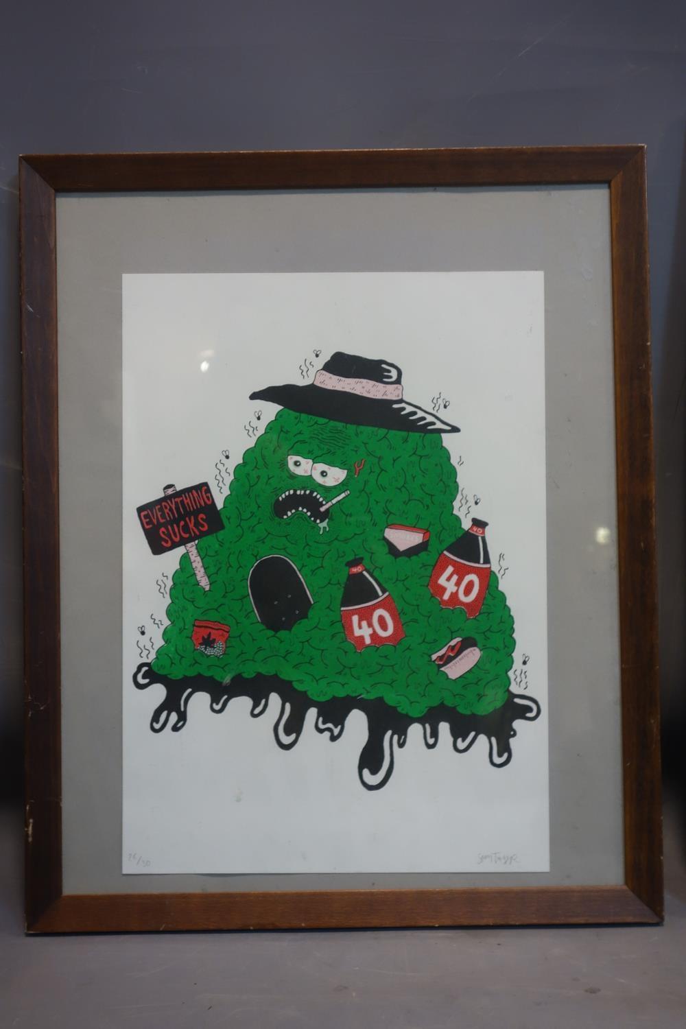 A limited edition lithograph titled 'everything sucks', indistinctly signed and numbered 26/30, 42 x - Image 2 of 3