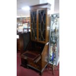 An Edwardian narrow inlaid mahogany bureau bookcase, H.198 W.57 D.47cm