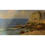 An unframed oil on canvas, rocky shoreline. 55x38cm