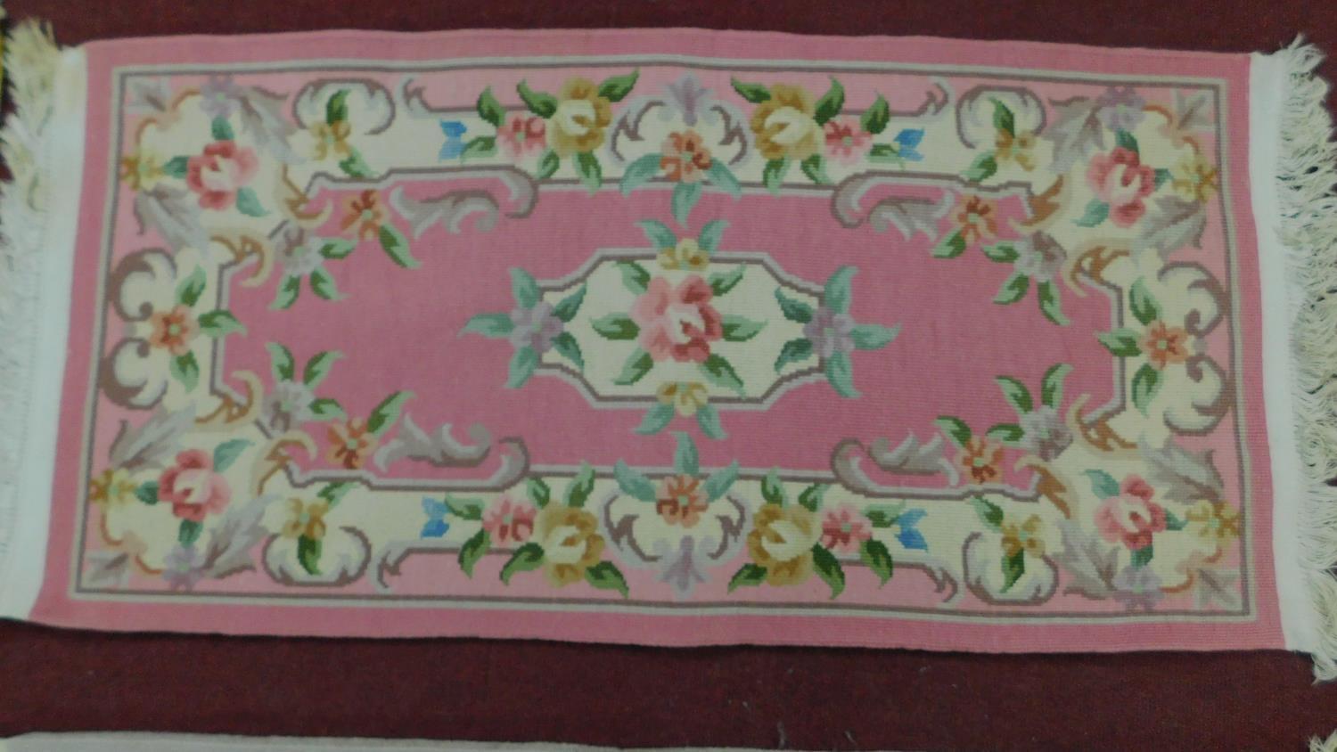 3 Chinese style rugs all set on a pastel field with central floral medallion within floral boarders. - Image 3 of 4