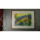 A framed and glazed watercolour, abstract composition, indistinctly signed. H.78 W.61.5