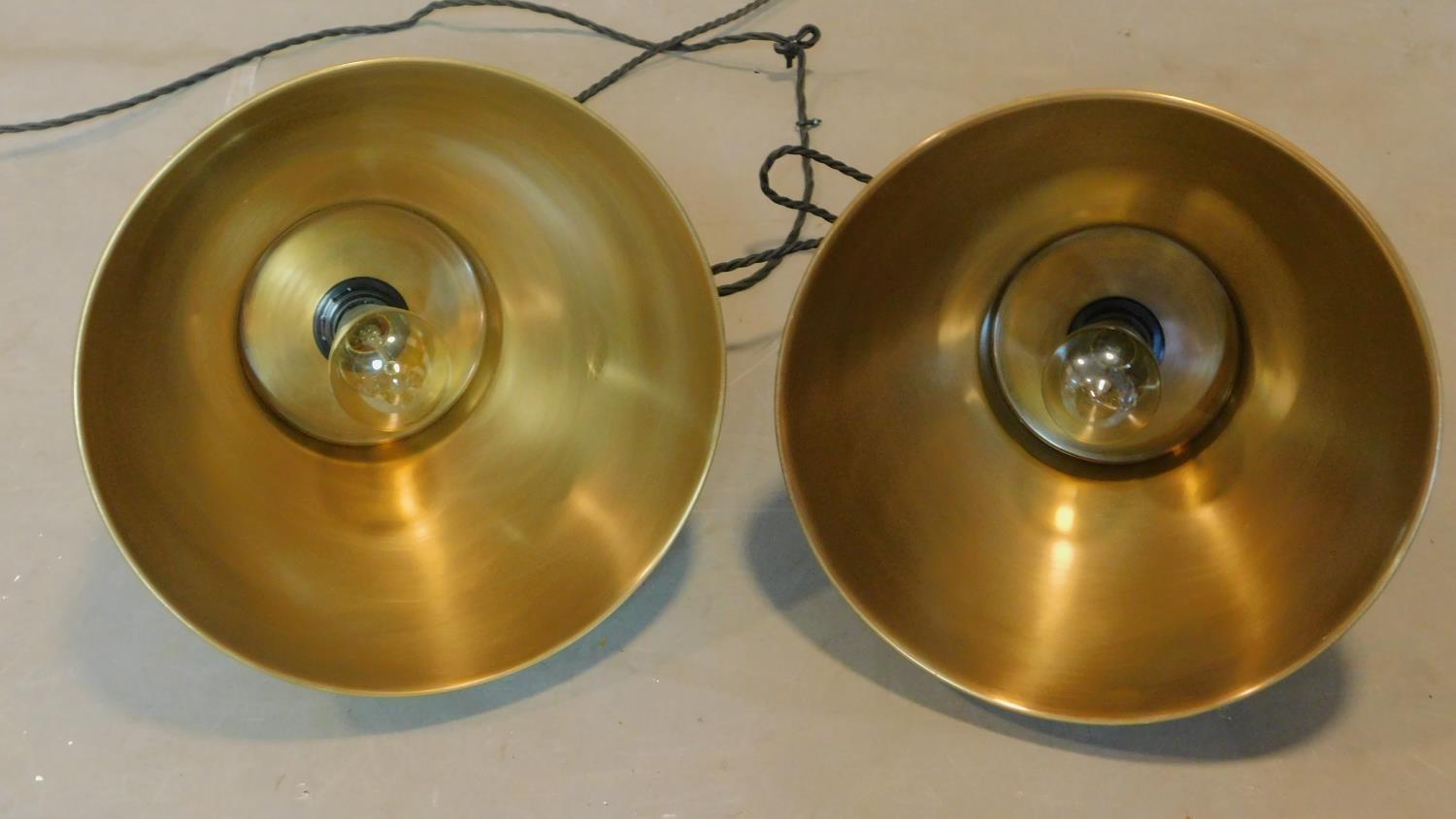 A pair of industrial style brass ceiling light pendants, H.30 D.33cm - Image 2 of 2