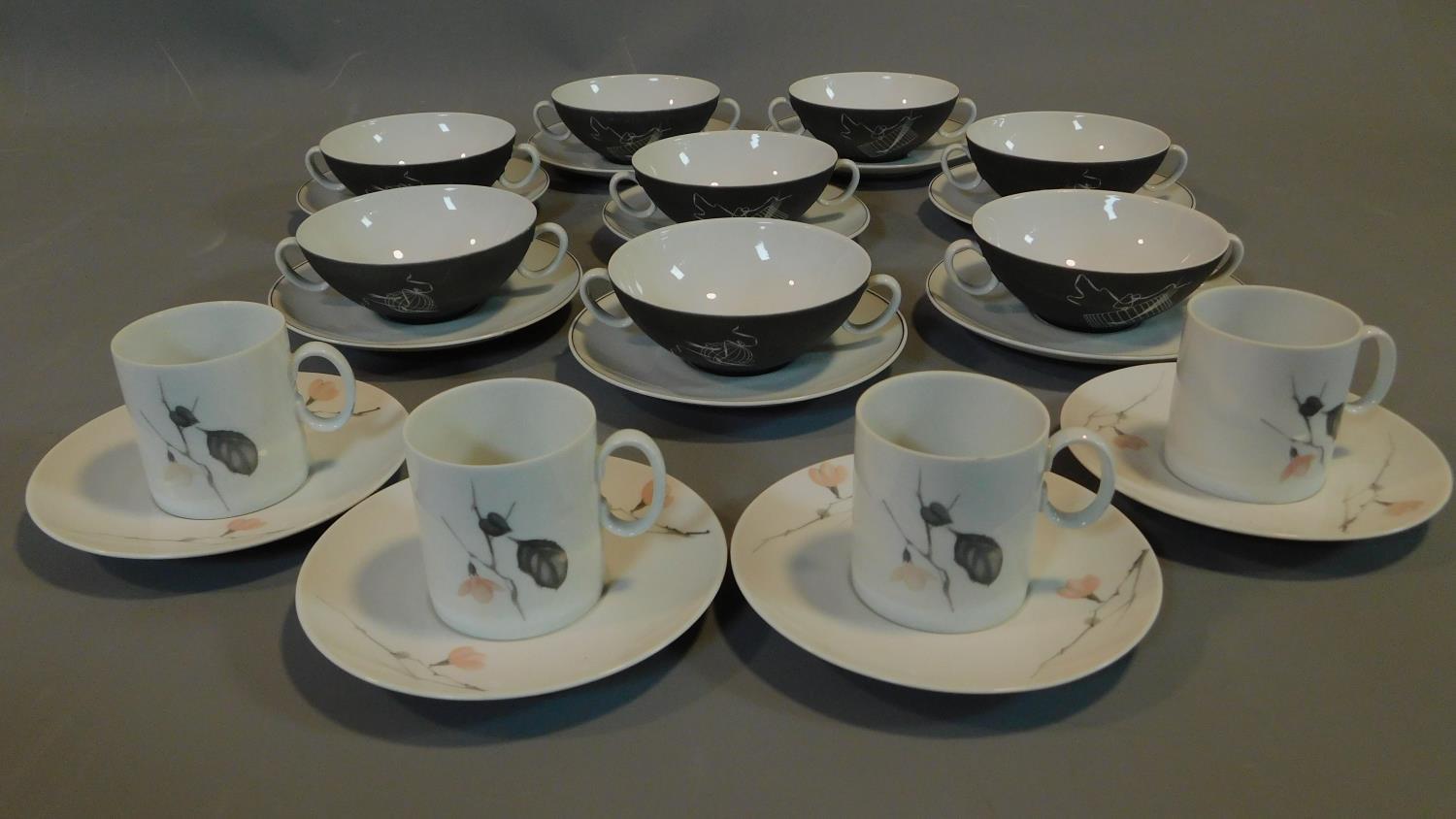 A set of 8 vintage German soup bowls and saucers marked Thomas Germany and a set of 4 coffee cups