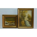 Two gilt framed oils on canvas, country scenes. 34x39cm.