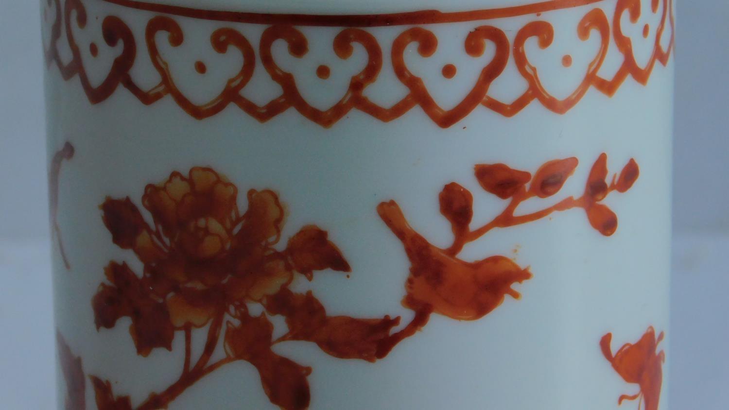 A mid 20th century Chinese brush pot decorated in iron red with butterflies and flower decoration, - Image 2 of 3