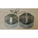 A near pair of industrial style wire mesh ceiling light pendants, H.23 D.27cm