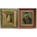 A gilt framed print of a girl and an oil portrait. 31x35cm.