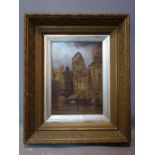 William Davies, Townscape, oil on canvas, gilt framed, 54 x 24cm