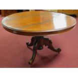 A Victorian mahogany circular breakfast table, on turned support and outswept legs on castors, H.