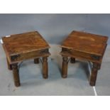 A pair of Indonesian iron bound teak lamp tables, H.45 W.45 D.45cm