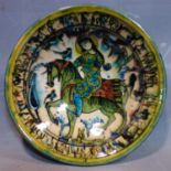 A Persian glazed ceramic bowl, decorated with a lady on horseback, dated and marked to base, H.6.5cm
