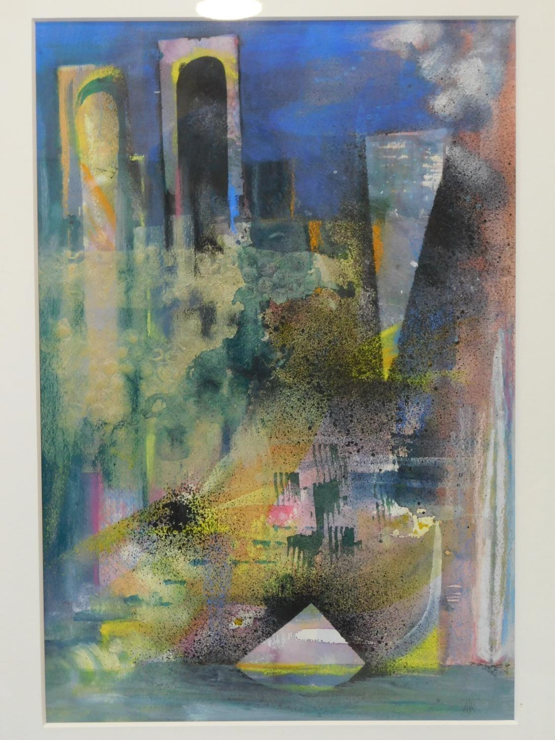 A mixed media study of a city, monogrammed AJK to lower right, in silvered frame, 43 x 29cm