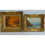 Two gilt framed oils on canvas, seascape and a lakescape. 39x50cm.