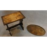 An oak Jacobean style joint stool and an oak oval galleried tray. H.45 W.46 D.29cm