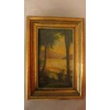 A framed oil on card, figure and lake, unsigned. 28x17cm