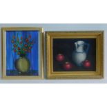 A framed oil on canvas, still life fruit and jug and another of flowers. 45x38cm.