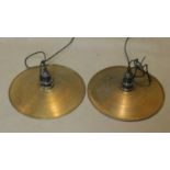 A pair of industrial style circular brass ceiling light pendants, D.40cm