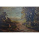 Early 20th century British school, A lady with a dog and ducks on a country path, oil on board,