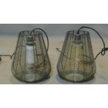 A pair of industrial style wire mesh ceiling light pendants, H.30 D.23cm