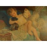 A large 19th century framed and glazed print, "Playmates". H.65 W.77cm