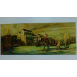 An unframed oil on canvas, sailing ships, signed and dated. 120x50cm.