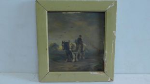 A framed oil on board, shire horses being ridden, signed Murray J Macdonald 1913. Inscription verso.