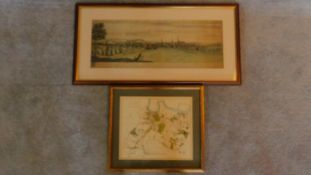 Two framed and glazed prints, a view of Coventry and a map of Blackheath. 98x50cm