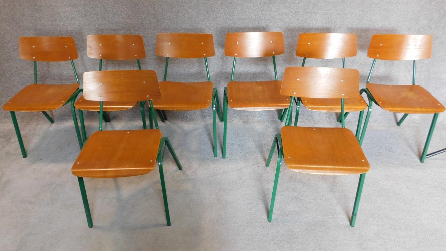 A set of eight mid 20th century metal framed stacking chairs with plywood seats and backs. - Image 2 of 3