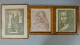 A signed etching and a pair of oak framed and glazed prints. 50x40cm