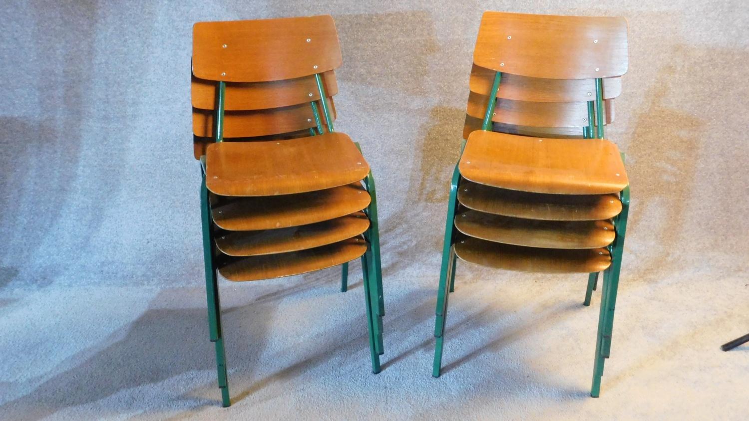 A set of eight mid 20th century metal framed stacking chairs with plywood seats and backs. - Image 3 of 3