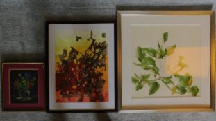 A large watercolour, orchid, a still life of flowers and a print, Encore ll signed Rod Scott to