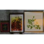 A large watercolour, orchid, a still life of flowers and a print, Encore ll signed Rod Scott to