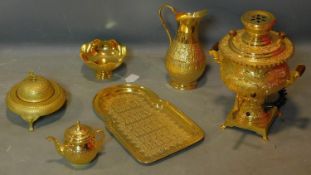 An Eastern gilt samovar (H.40cm), and a miscellaneous collection of gilt pieces (5)