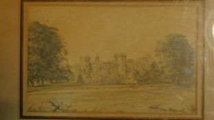 A framed and glazed pencil sketch, castle in grounds. 34x43cm