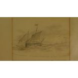 A framed and glazed pencil sketch, sailing ship on stormy seas, inscription to bottom. 28x33cm