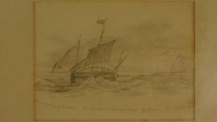 A framed and glazed pencil sketch, sailing ship on stormy seas, inscription to bottom. 28x33cm