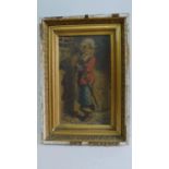 A gilt framed oil on board of a cavalier, gallery label verso, Doig Wilson and Wheatley. 42x62cm.