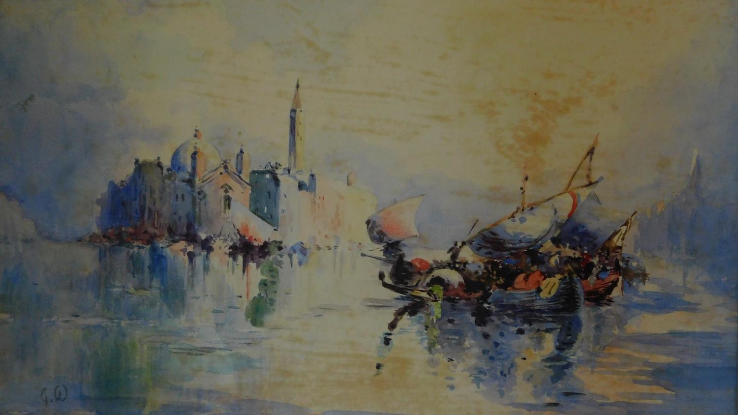 A framed and glazed watercolour, Venice, monogrammed G.W. 60x47cm - Image 3 of 3
