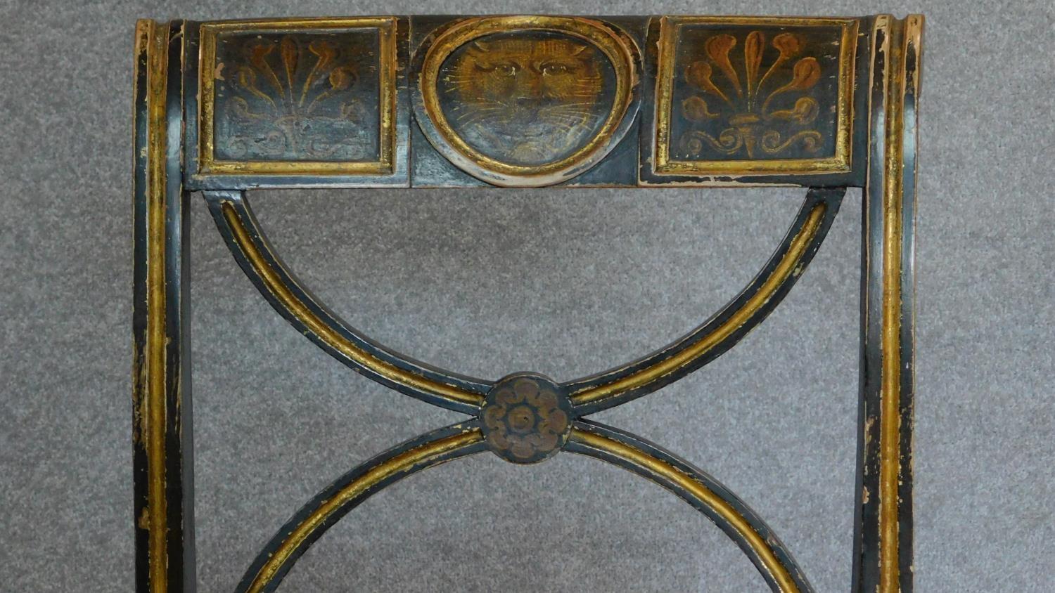 A pair of Regency ebonized and part gilt painted chairs with cane seats, the X-framed back rests - Image 3 of 6